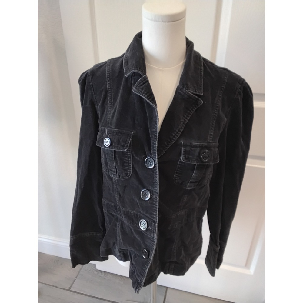 JKLA California Black Corduroy Utility Jacket Puff Shoulder Military Style IT939